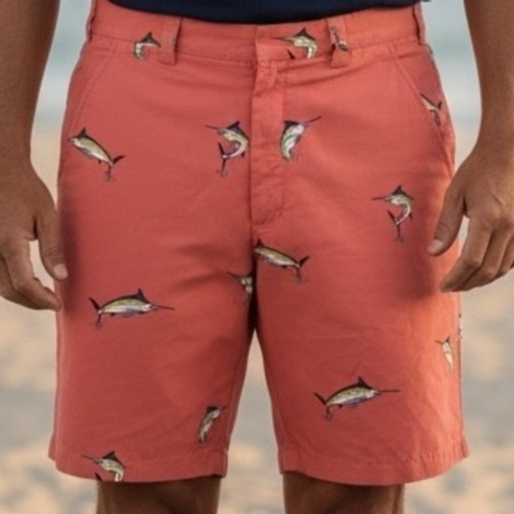 Bermuda Styles Mens Coral Pink Marlin Embroidered Shorts Size 34 Fishing Coastal